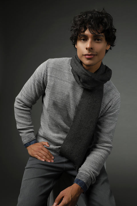 Medium Grey Melange Crew Neck Slim Fit Narrow Cut Patterned Knit Sweater