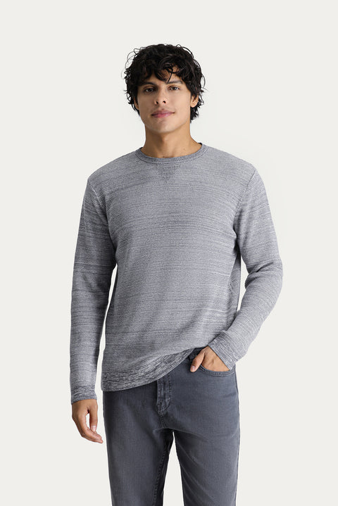 Medium Grey Melange Crew Neck Slim Fit Narrow Cut Patterned Knit Sweater