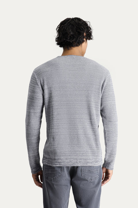 Medium Grey Melange Crew Neck Slim Fit Narrow Cut Patterned Knit Sweater
