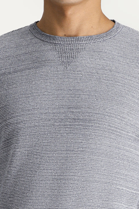 Medium Grey Melange Crew Neck Slim Fit Narrow Cut Patterned Knit Sweater