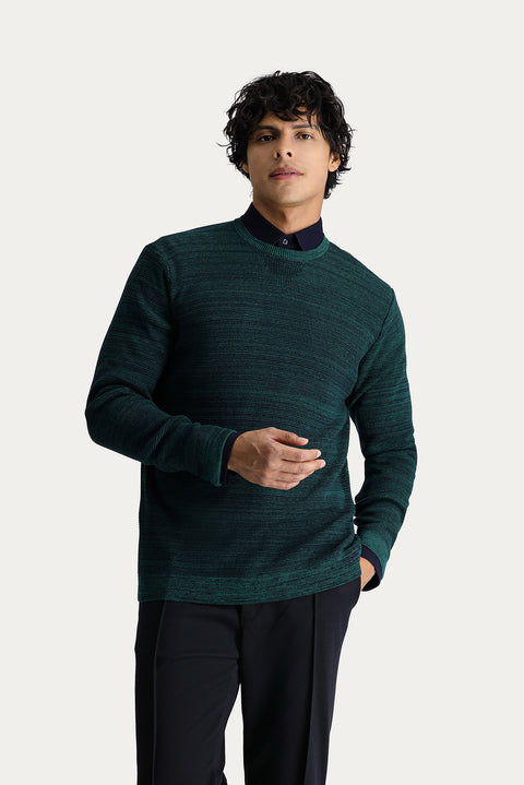 Koyu Yeşil Bisiklet Yaka Slim Fit Dar Kesim Desenli Pamuklu Triko Kazak