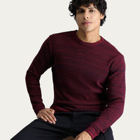 Dark Red Crew Neck Slim Fit Narrow Cut Patterned Cotton Knit Sweater
