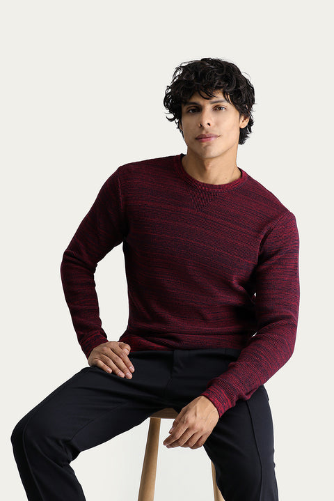Dark Red Crew Neck Slim Fit Narrow Cut Patterned Cotton Knit Sweater