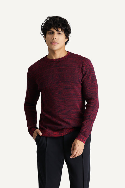 Dark Red Crew Neck Slim Fit Narrow Cut Patterned Cotton Knit Sweater