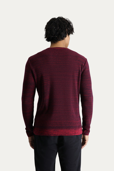 Dark Red Crew Neck Slim Fit Narrow Cut Patterned Cotton Knit Sweater