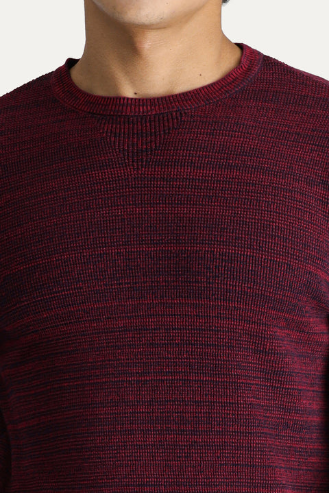 Dark Red Crew Neck Slim Fit Narrow Cut Patterned Cotton Knit Sweater