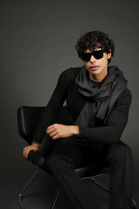 Black Crew Neck Slim Fit Narrow Cut Patterned Cotton Knit Sweater