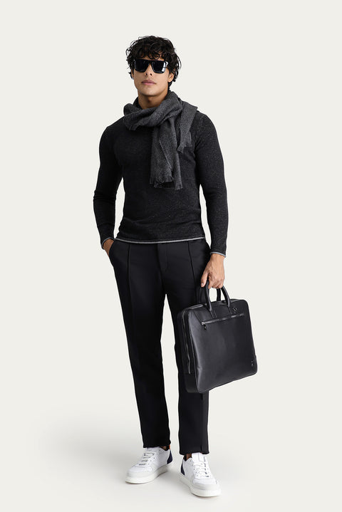 Black Crew Neck Slim Fit Narrow Cut Patterned Cotton Knit Sweater