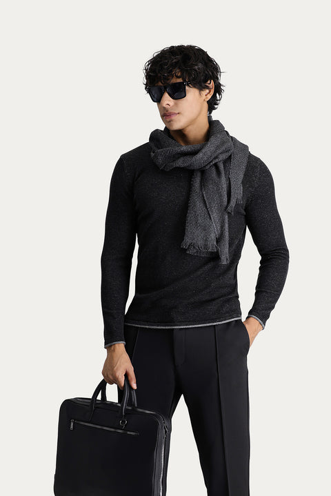 Black Crew Neck Slim Fit Narrow Cut Patterned Cotton Knit Sweater