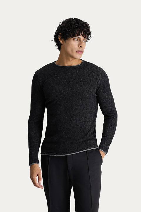 Black Crew Neck Slim Fit Narrow Cut Patterned Cotton Knit Sweater