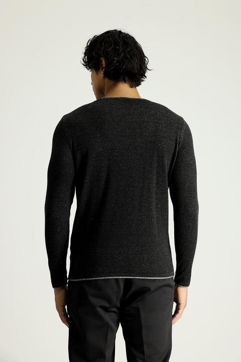 Black Crew Neck Slim Fit Narrow Cut Patterned Cotton Knit Sweater