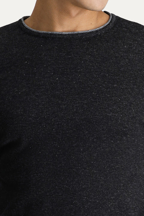 Black Crew Neck Slim Fit Narrow Cut Patterned Cotton Knit Sweater