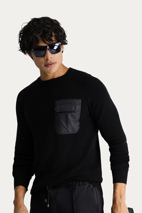 Siyah Bisiklet Yaka Slim Fit Dar Kesim Pamuklu Triko Kazak