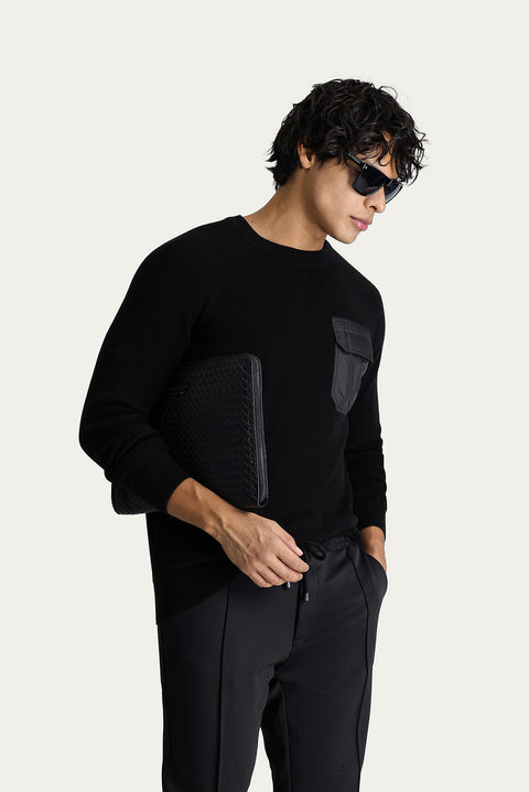 Siyah Bisiklet Yaka Slim Fit Dar Kesim Pamuklu Triko Kazak