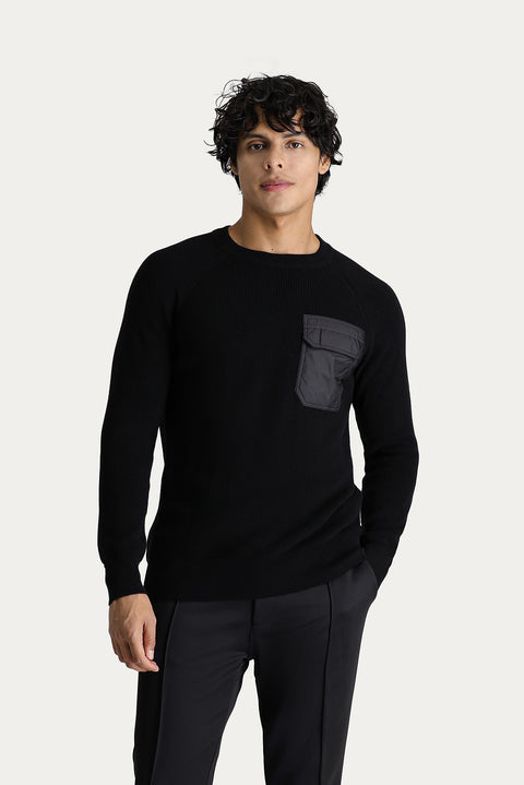 Siyah Bisiklet Yaka Slim Fit Dar Kesim Pamuklu Triko Kazak