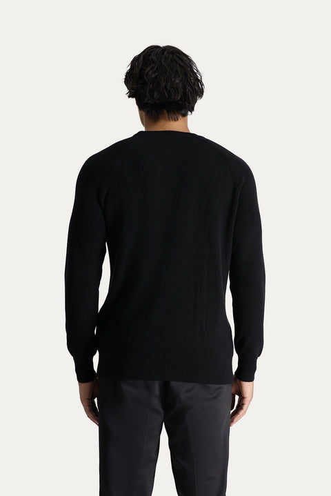 Siyah Bisiklet Yaka Slim Fit Dar Kesim Pamuklu Triko Kazak