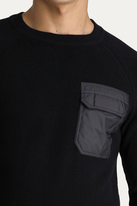 Siyah Bisiklet Yaka Slim Fit Dar Kesim Pamuklu Triko Kazak