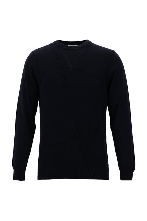 Dark Navy Crew Neck Patterned Knit Sweater