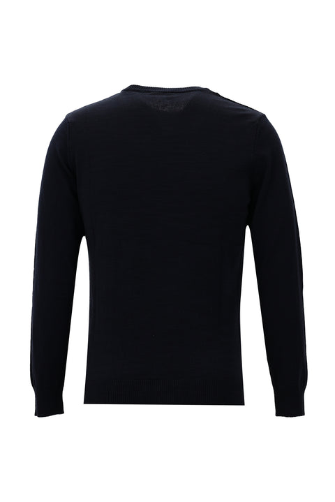 Dark Navy Crew Neck Patterned Knit Sweater