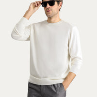Off-white crew neck slim fit patterned cotton knit sweater.