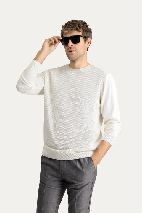 Off-white crew neck slim fit patterned cotton knit sweater.