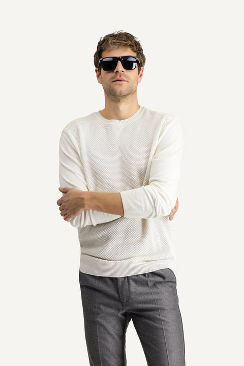 Off-white crew neck slim fit patterned cotton knit sweater.