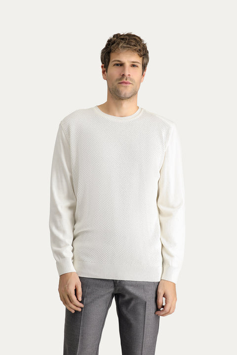 Off-white crew neck slim fit patterned cotton knit sweater.