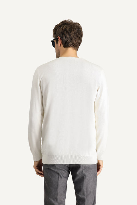 Off-white crew neck slim fit patterned cotton knit sweater.