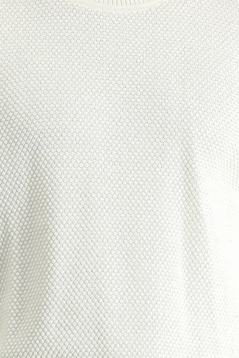 Off-white crew neck slim fit patterned cotton knit sweater.