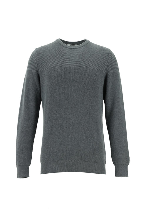 Medium Grey Melange Crew Neck Slim Fit Narrow Cut Patterned Cotton Knit Sweater