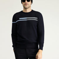 Dark Navy Crew Neck Slim Fit Narrow Cut Patterned Cotton Knit Sweater