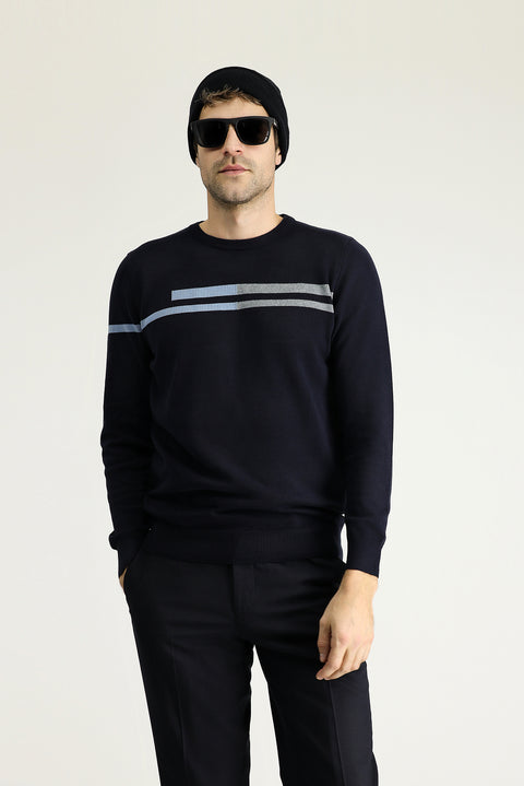 Dark Navy Crew Neck Slim Fit Narrow Cut Patterned Cotton Knit Sweater