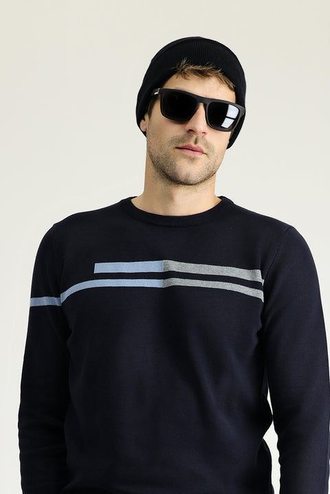 Dark Navy Crew Neck Slim Fit Narrow Cut Patterned Cotton Knit Sweater