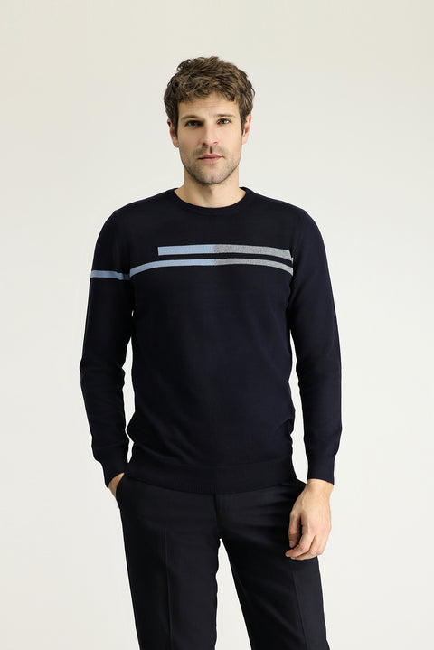 Dark Navy Crew Neck Slim Fit Narrow Cut Patterned Cotton Knit Sweater