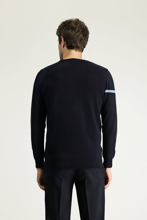 Dark Navy Crew Neck Slim Fit Narrow Cut Patterned Cotton Knit Sweater