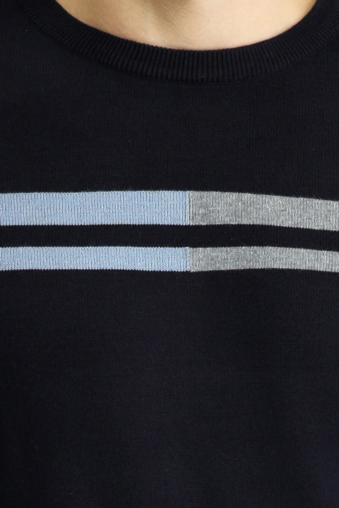 Dark Navy Crew Neck Slim Fit Narrow Cut Patterned Cotton Knit Sweater