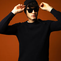Dark Navy Crew Neck Slim Fit Narrow Cut Zip-Up Patterned Cotton Knit Sweater