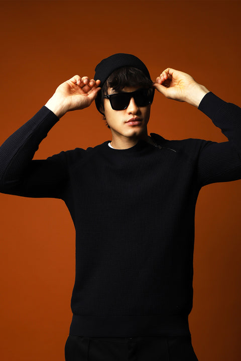 Dark Navy Crew Neck Slim Fit Narrow Cut Zip-Up Patterned Cotton Knit Sweater