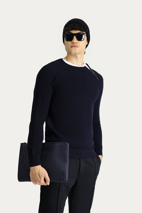 Dark Navy Crew Neck Slim Fit Narrow Cut Zip-Up Patterned Cotton Knit Sweater