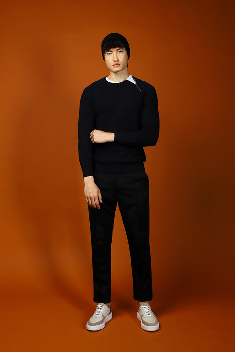 Dark Navy Crew Neck Slim Fit Narrow Cut Zip-Up Patterned Cotton Knit Sweater