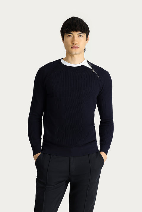Dark Navy Crew Neck Slim Fit Narrow Cut Zip-Up Patterned Cotton Knit Sweater