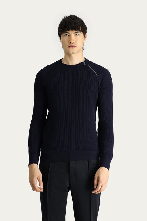 Dark Navy Crew Neck Slim Fit Narrow Cut Zip-Up Patterned Cotton Knit Sweater