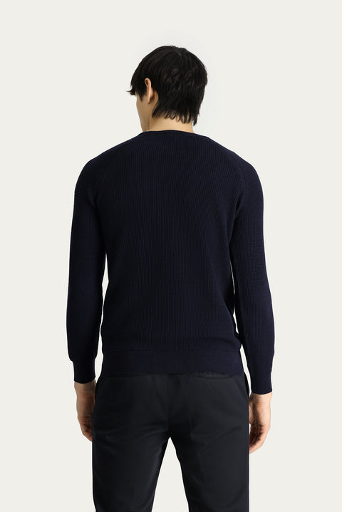 Dark Navy Crew Neck Slim Fit Narrow Cut Zip-Up Patterned Cotton Knit Sweater
