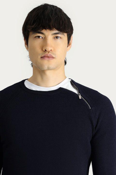 Dark Navy Crew Neck Slim Fit Narrow Cut Zip-Up Patterned Cotton Knit Sweater