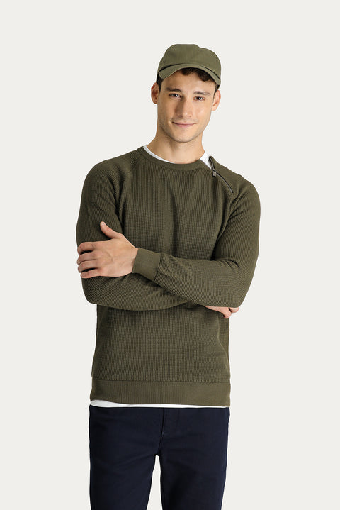 Medium Khaki Crew Neck Slim Fit Narrow Cut Zip-Up Patterned Cotton Knit Sweater