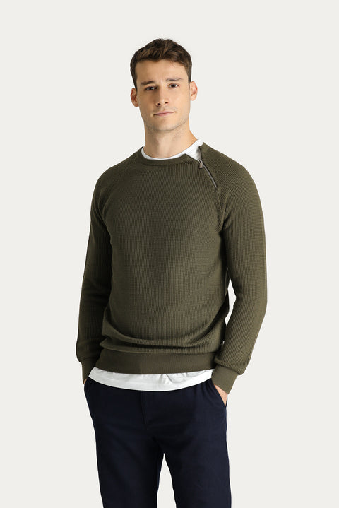 Medium Khaki Crew Neck Slim Fit Narrow Cut Zip-Up Patterned Cotton Knit Sweater