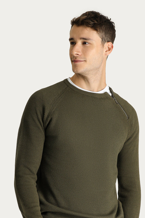 Medium Khaki Crew Neck Slim Fit Narrow Cut Zip-Up Patterned Cotton Knit Sweater