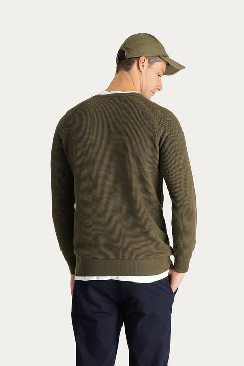 Medium Khaki Crew Neck Slim Fit Narrow Cut Zip-Up Patterned Cotton Knit Sweater