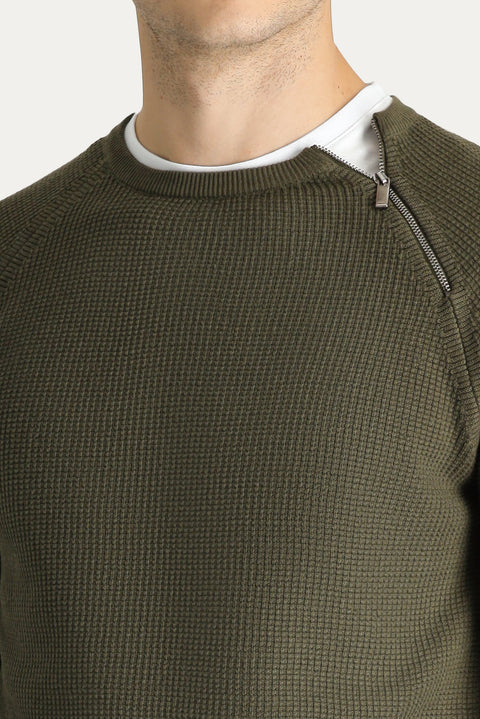 Medium Khaki Crew Neck Slim Fit Narrow Cut Zip-Up Patterned Cotton Knit Sweater