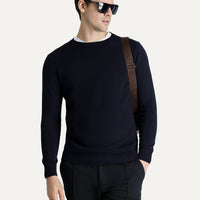 Dark Navy Crew Neck Regular Fit Patterned Cotton Knit Sweater